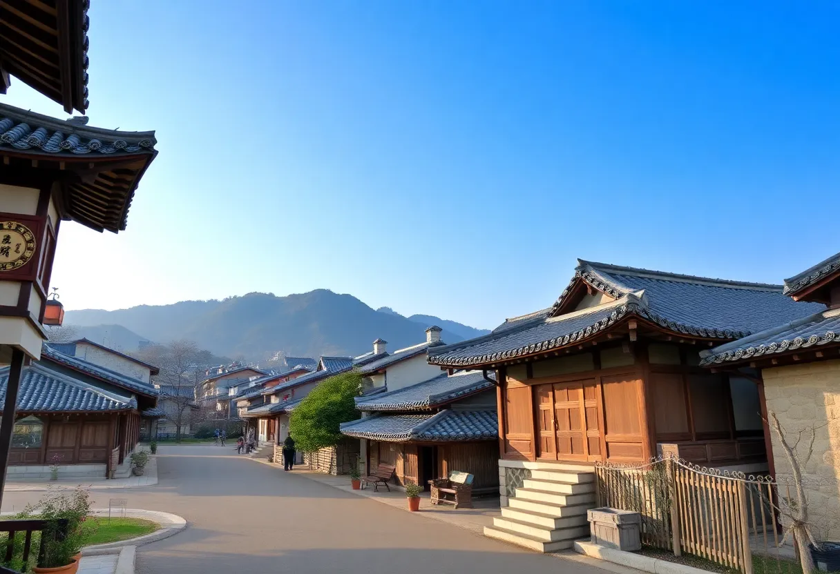 Scenic view of a traditional South Korean village with cultural landmarks.