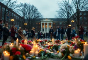 Memorial flowers and candles on a campus for a shooting victim.