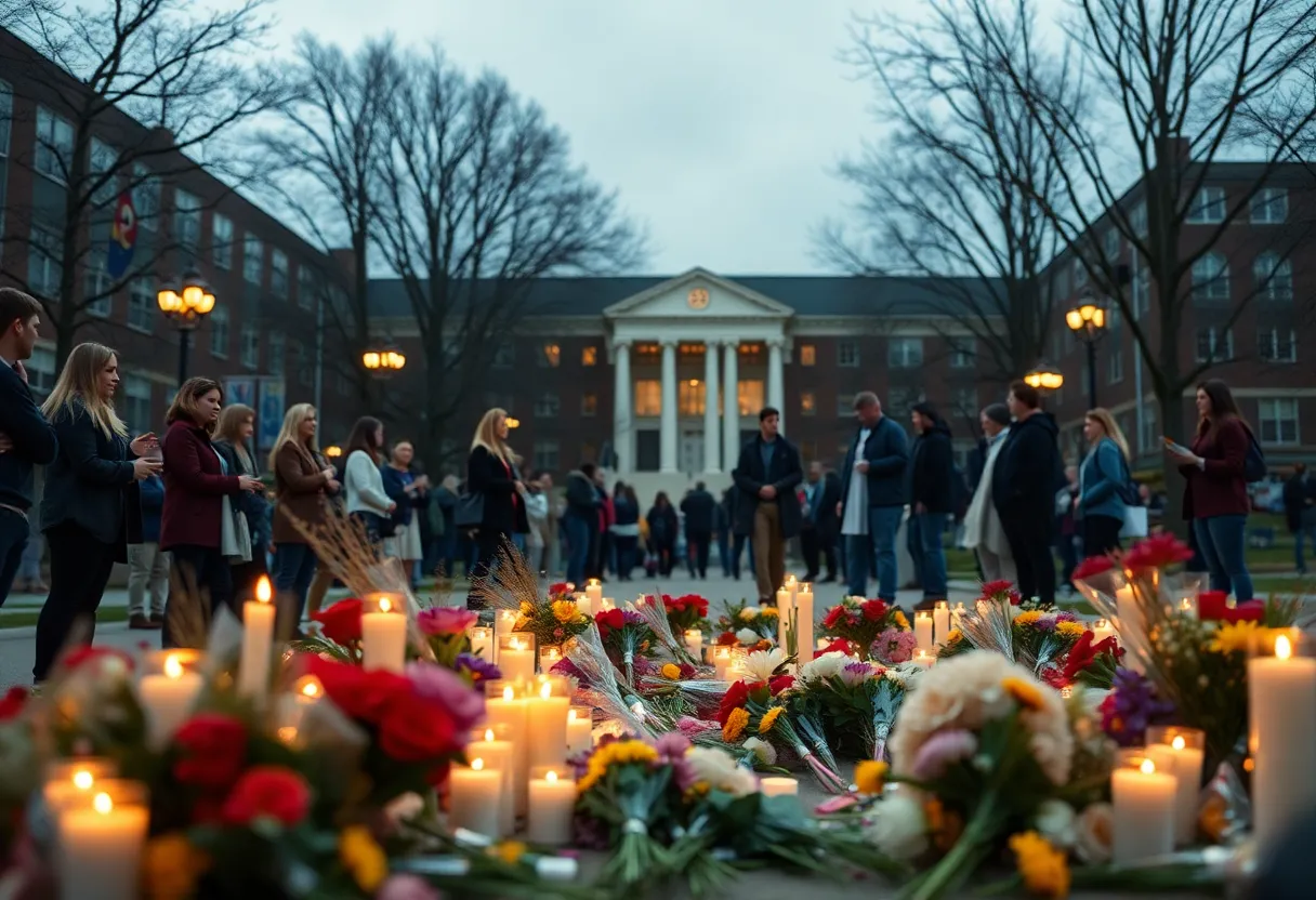 Memorial flowers and candles on a campus for a shooting victim.
