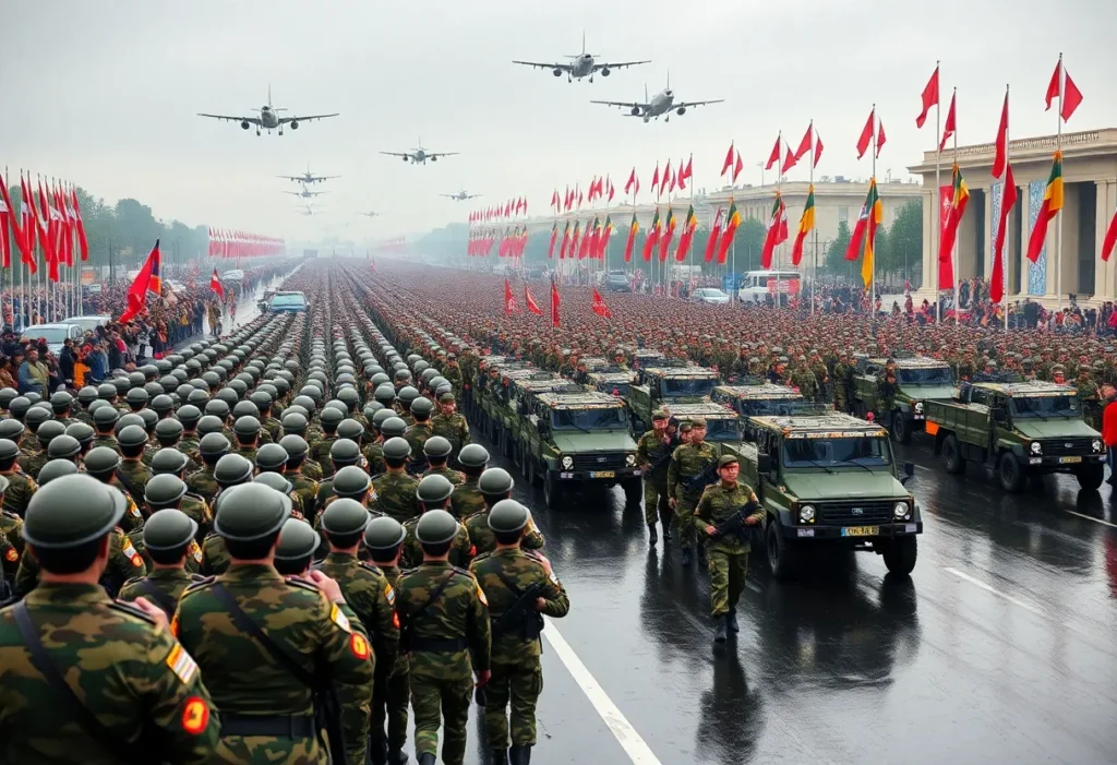 Military parade featuring soldiers and vehicles for U.S. Army's 250th anniversary.