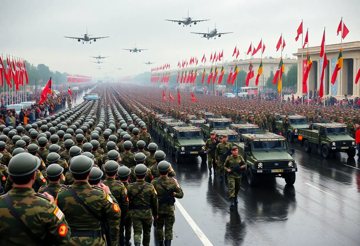 Military parade featuring soldiers and vehicles for U.S. Army's 250th anniversary.