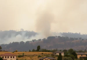 Smoke rising from a wildfire in Walhalla with firefighters in action