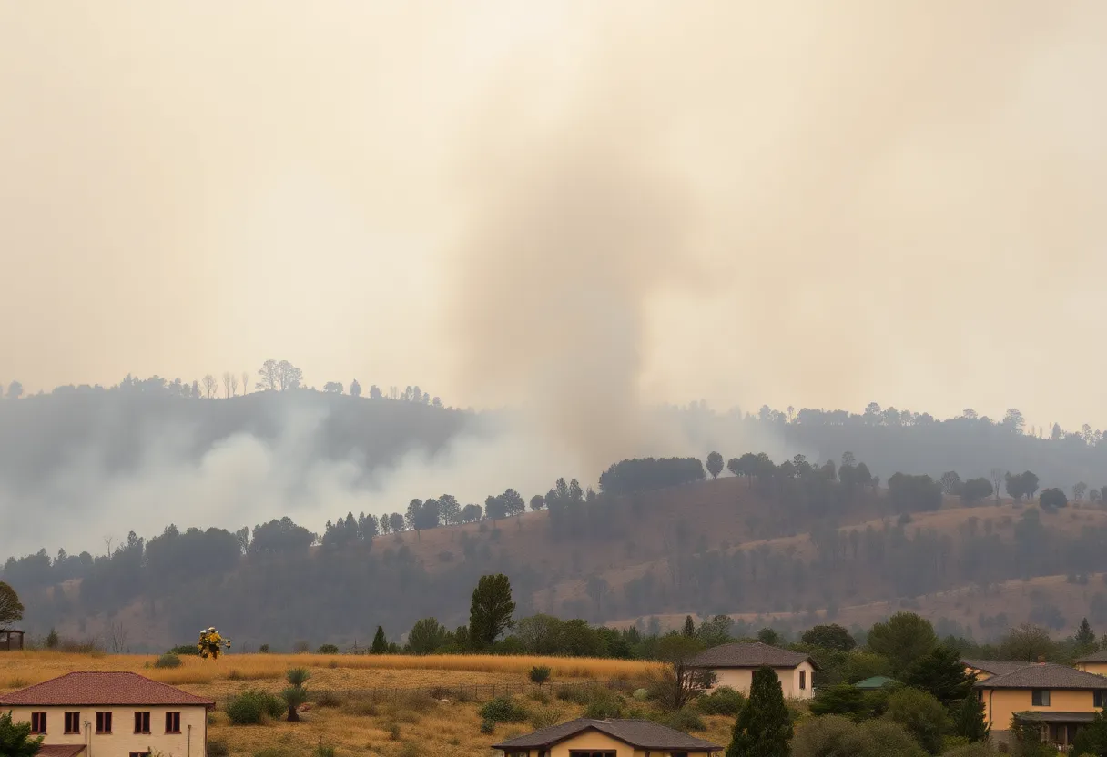 Smoke rising from a wildfire in Walhalla with firefighters in action