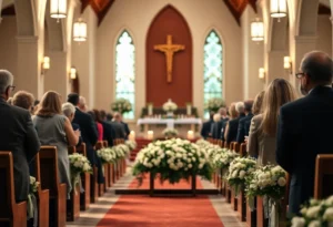 Memorial service for Warren Franklin Langley, featuring flowers and attendees at church.