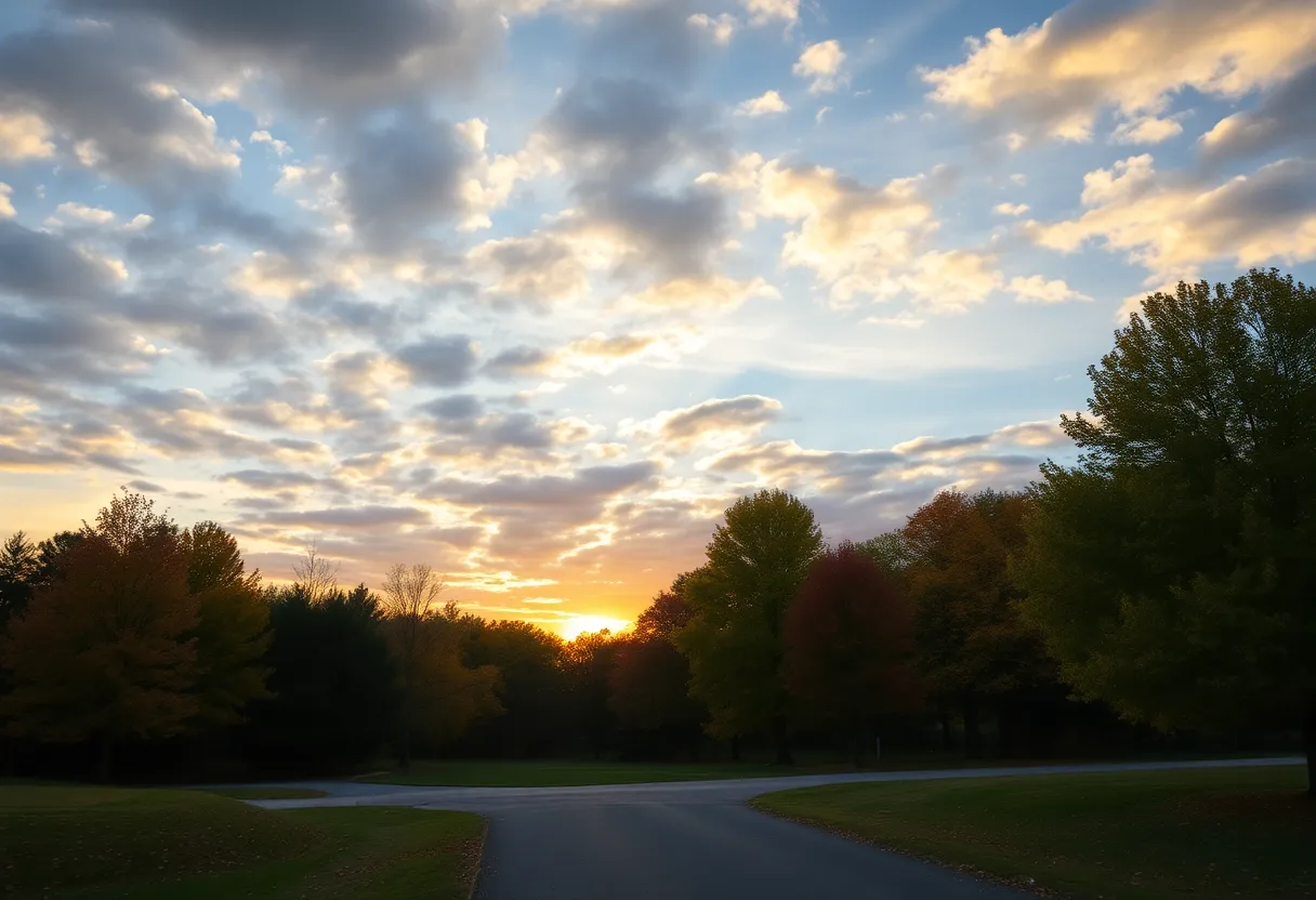 Colorful autumn landscape in Greenwood SC with trees and clouds