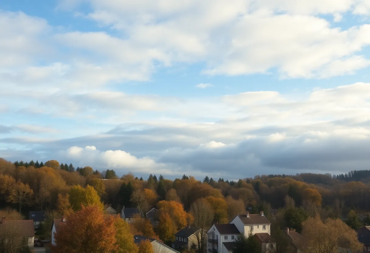 Cloudy sky over Greenwood SC with autumn trees