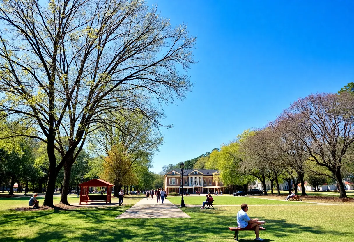 Clear blue skies over a park in Greenwood, SC on a sunny day