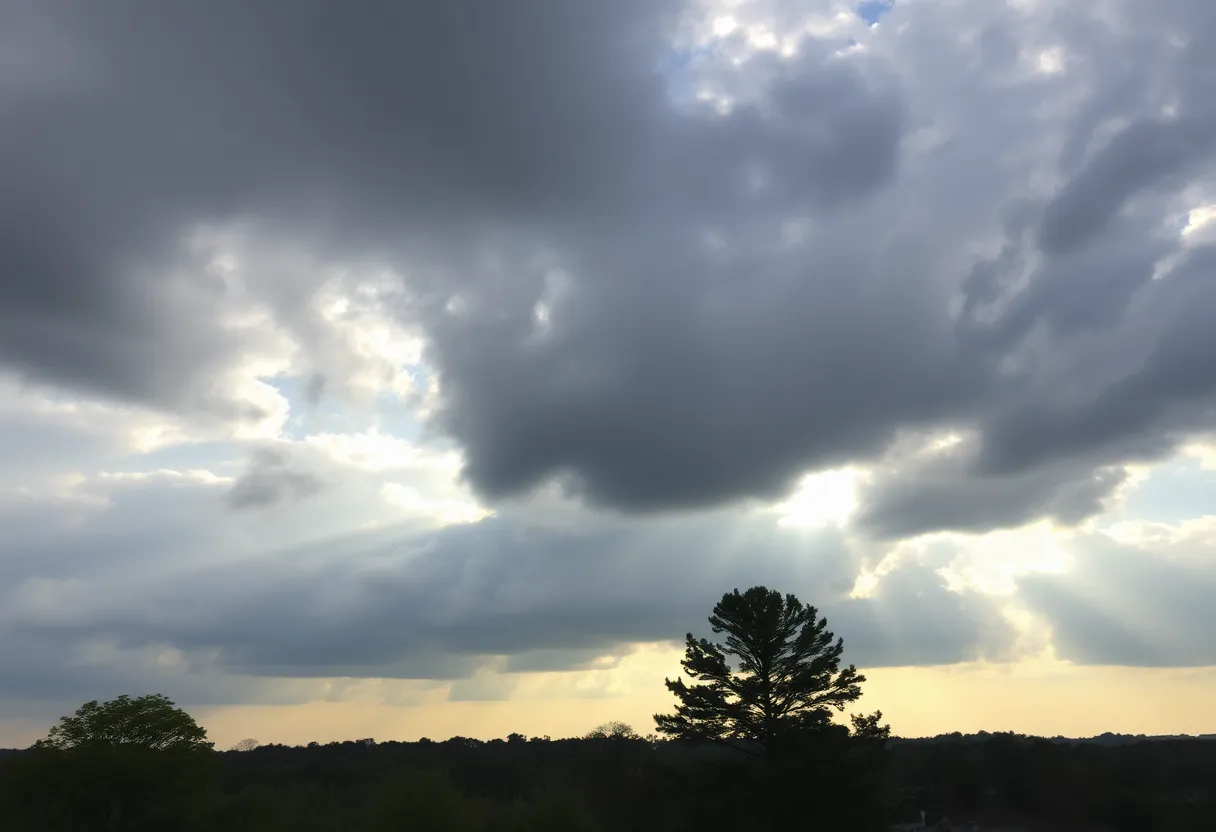 A view of cloudy skies in Greenwood, SC with trees in the foreground.