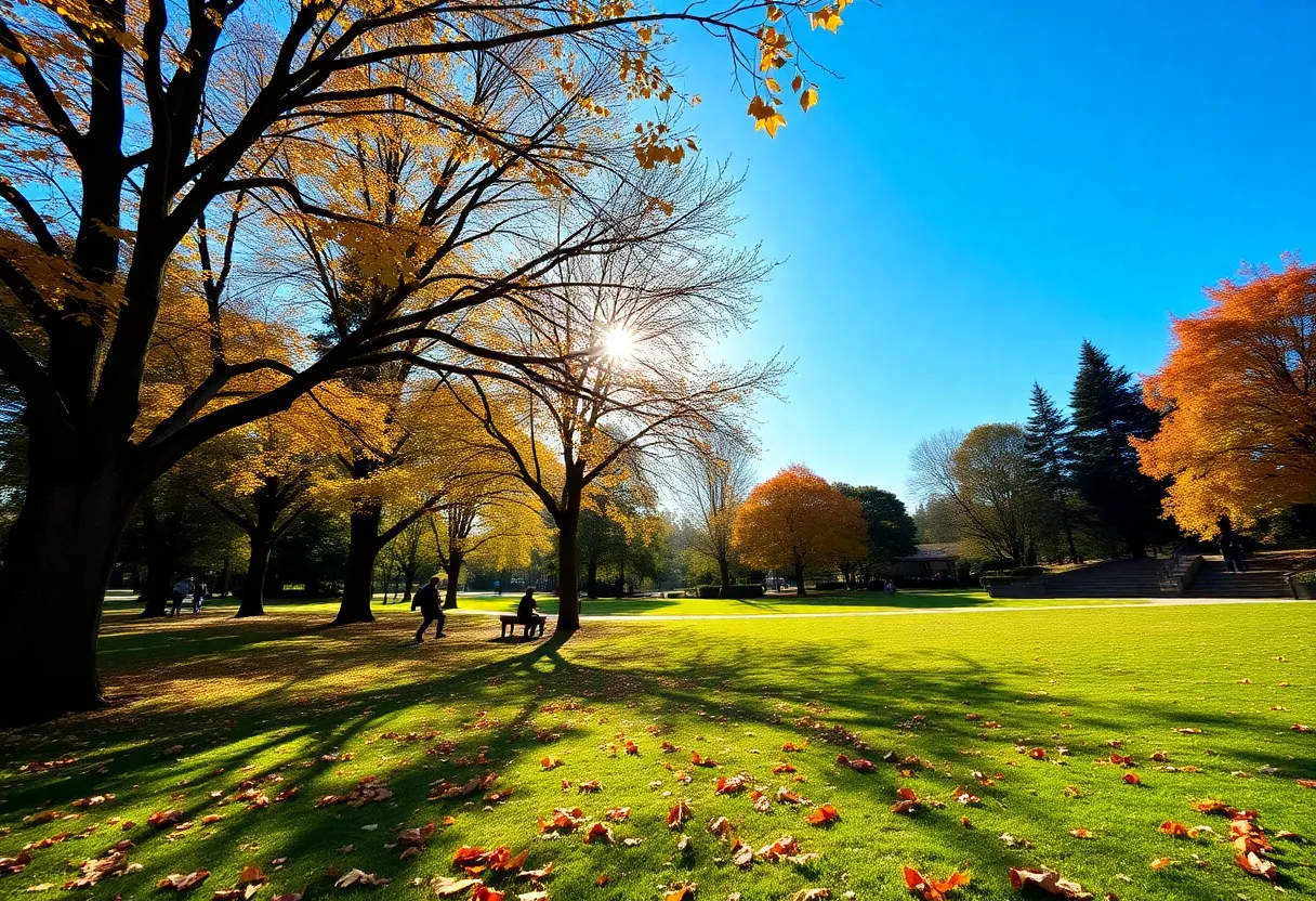 People enjoying a sunny day in Greenwood park with clear skies and autumn leaves
