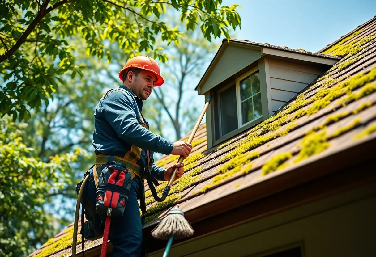 Homeowner applying roof moss removal techniques with broom and safety gear