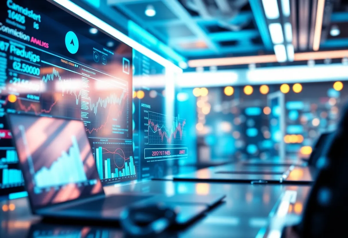 Visual representation of predictive analytics in digital marketing with data patterns and customer insights.