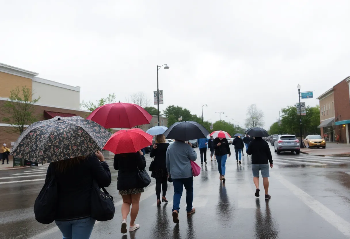 People walking with umbrellas in Greenwood, SC on a rainy day.