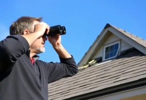 Homeowner evaluating roof integrity with binoculars