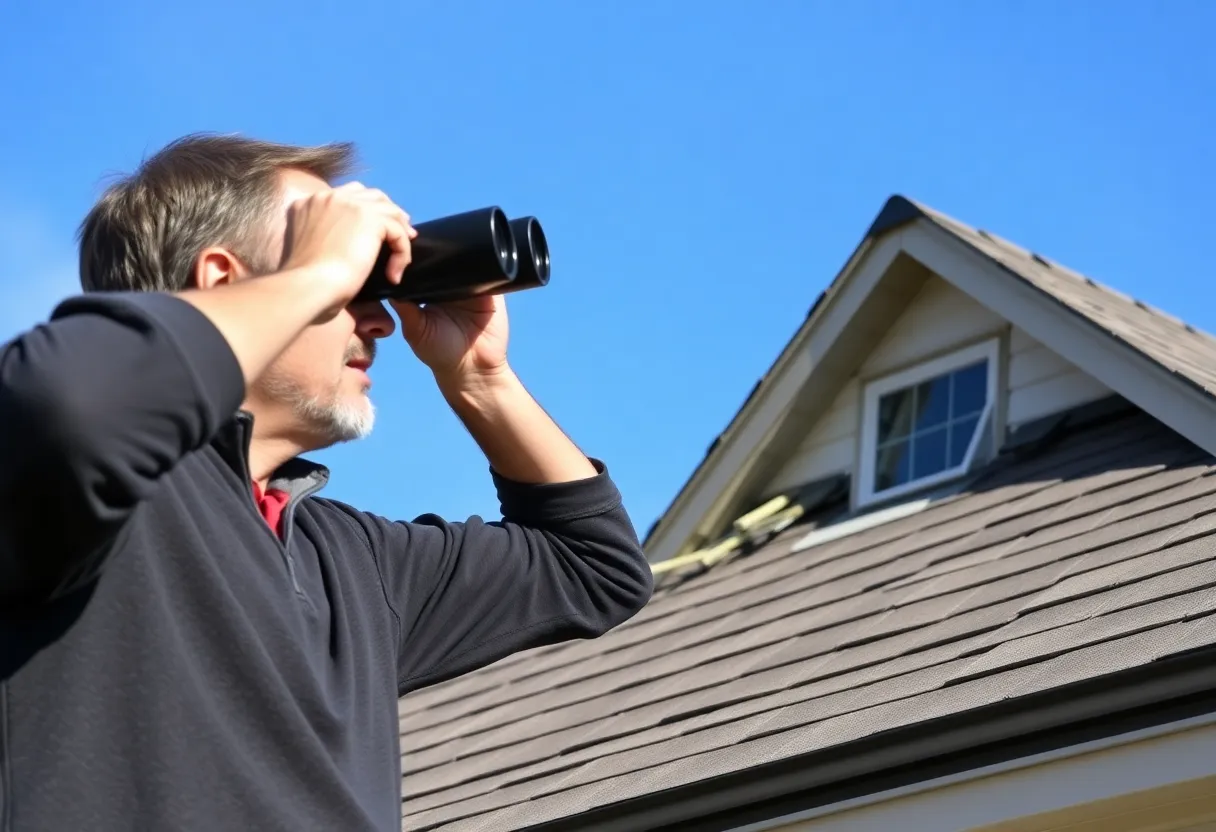 Homeowner evaluating roof integrity with binoculars
