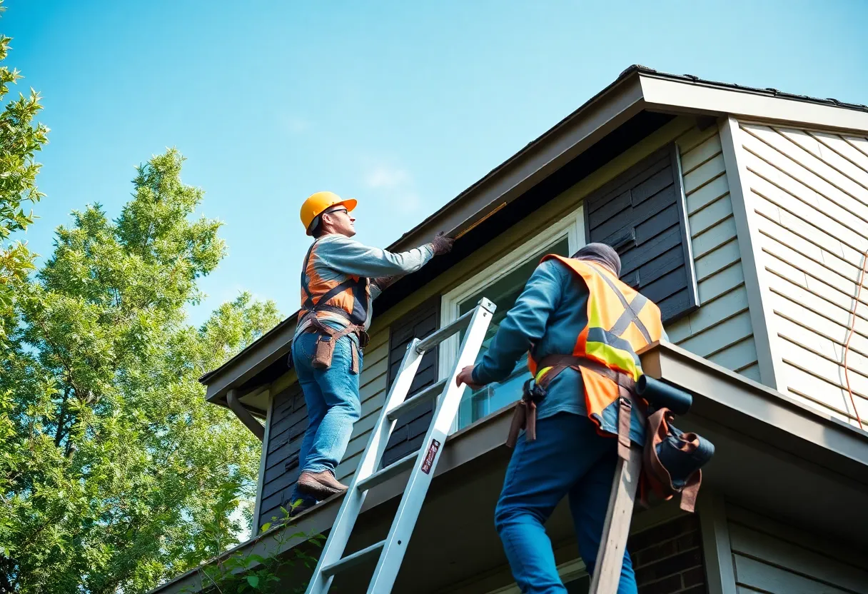 A homeowner inspecting their roof with safety gear