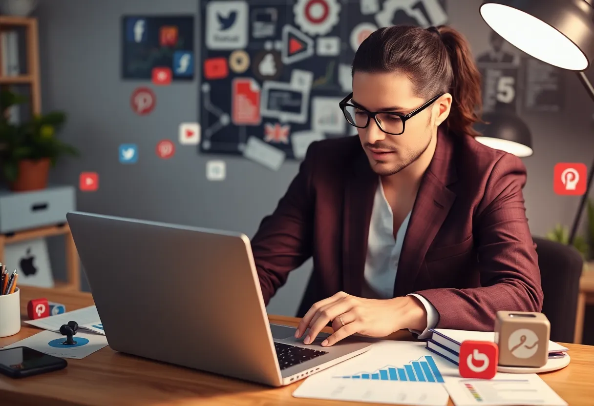 Business professional analyzing social media metrics for a winning strategy