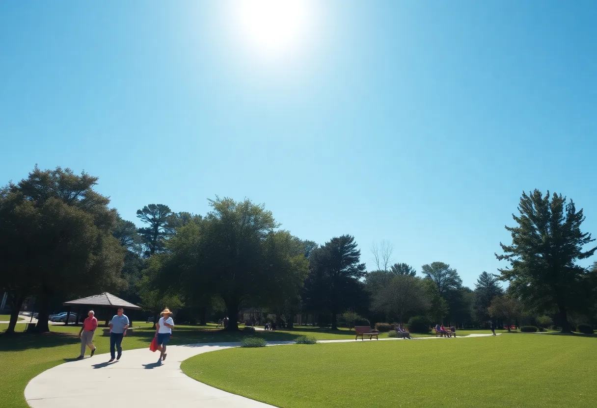 A sunny day in Greenwood SC featuring clear skies and people enjoying outdoor activities.