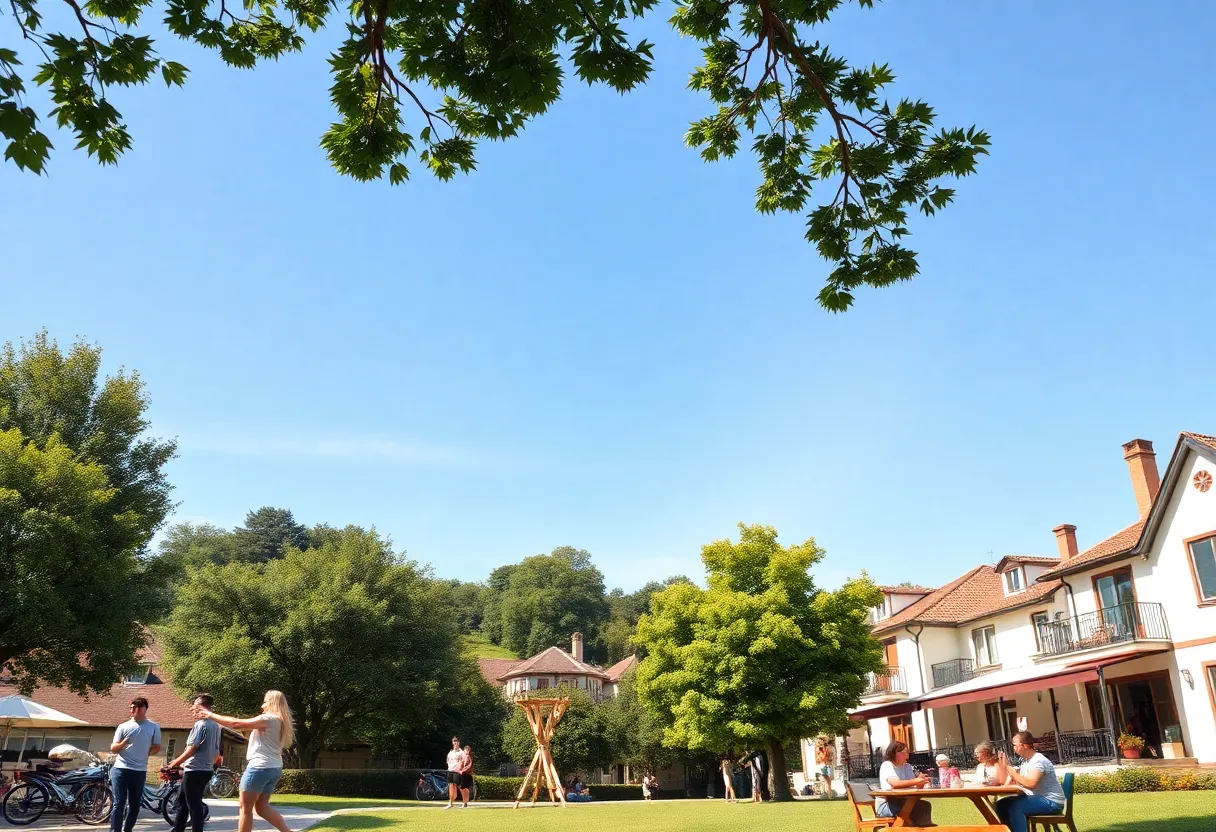 A sunny day in Greenwood, SC with clear skies and people outside.