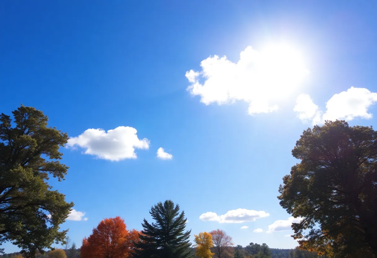 A clear sunny sky above Greenwood SC with autumn-colored trees.