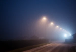 Foggy night scene in Greenwood, South Carolina
