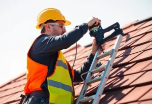 Homeowner practicing DIY roofing safety with gear