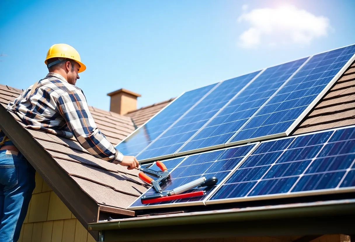 Homeowner installing solar panels on the roof
