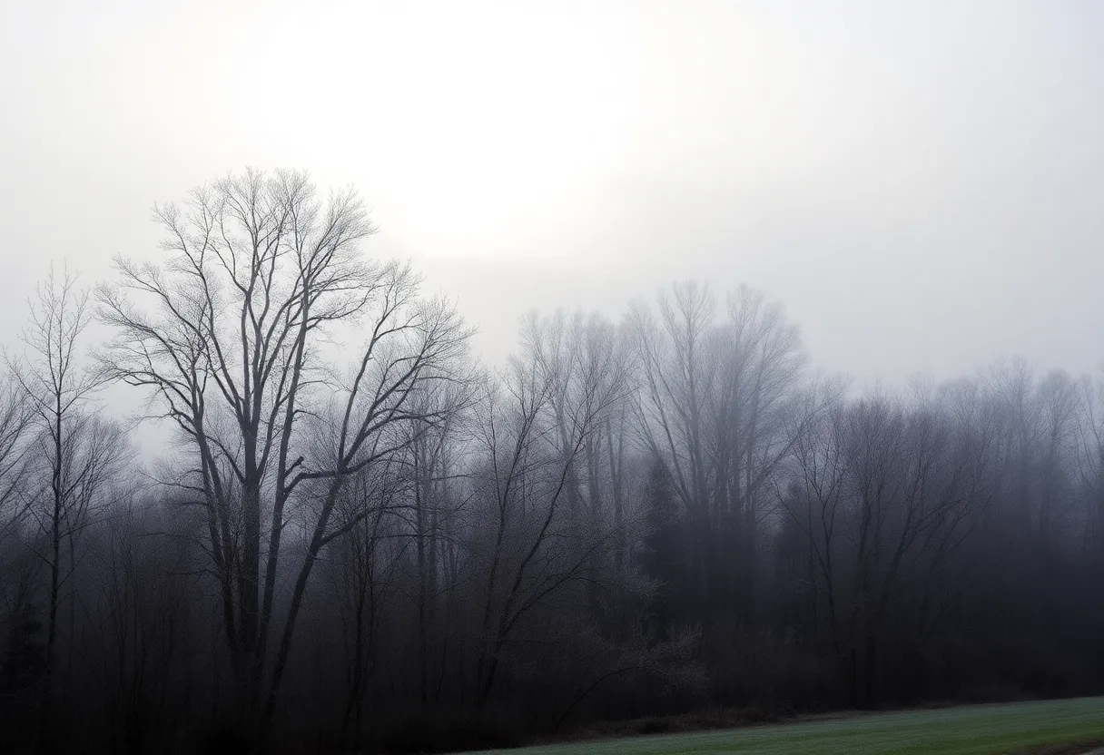 Fog enveloping trees in Greenwood, SC on a chilly morning