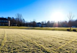 A winter landscape of Greenwood, SC with bright blue skies and frost on the ground