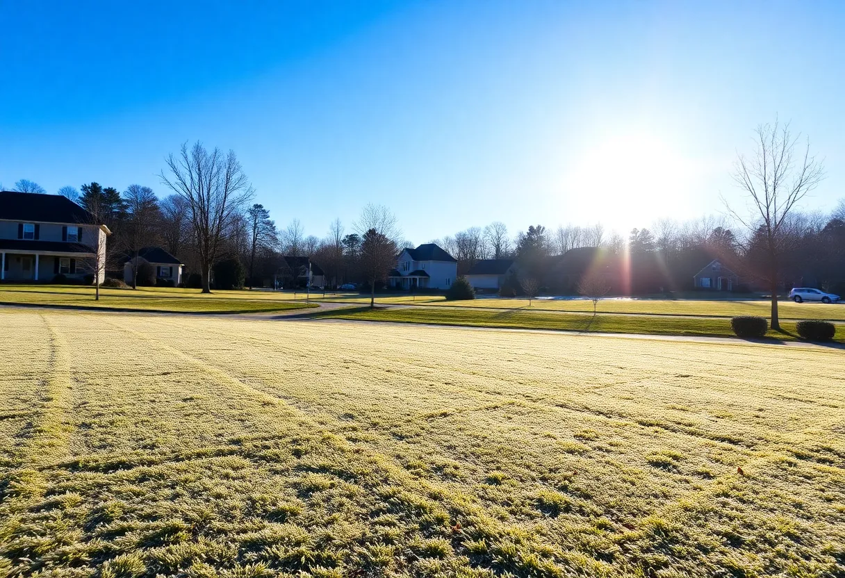 A winter landscape of Greenwood, SC with bright blue skies and frost on the ground
