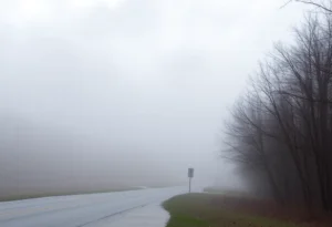 A foggy and rainy scene in Greenwood, South Carolina