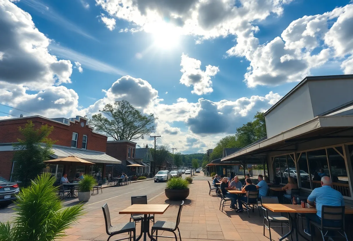 A sunny day in Greenwood, SC with clouds and people at an outdoor café