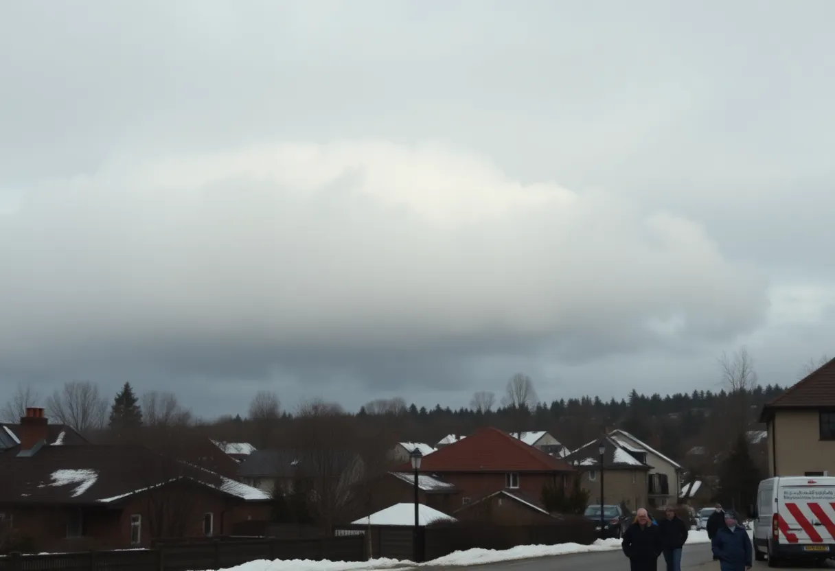 A chilly and cloudy day in Greenwood, SC, with overcast skies and residents bundled up.
