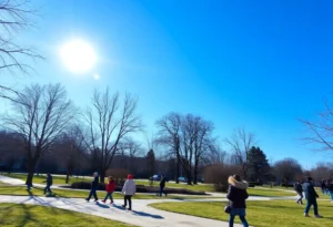 A sunny winter day in Greenwood SC park with people enjoying the weather.