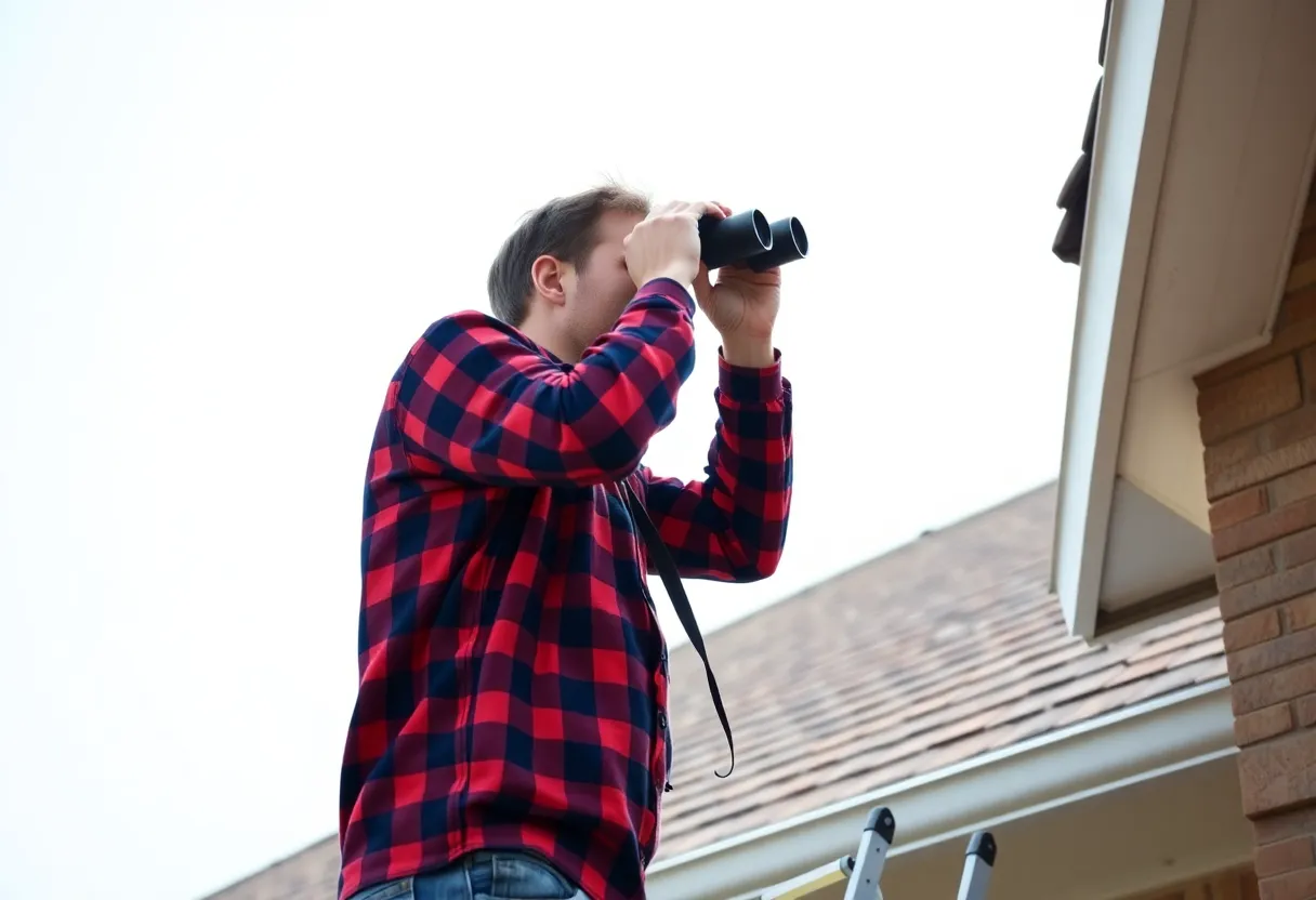 Homeowner inspecting roof for damage