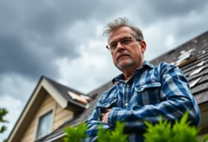 Homeowner inspecting roof for damage before severe weather