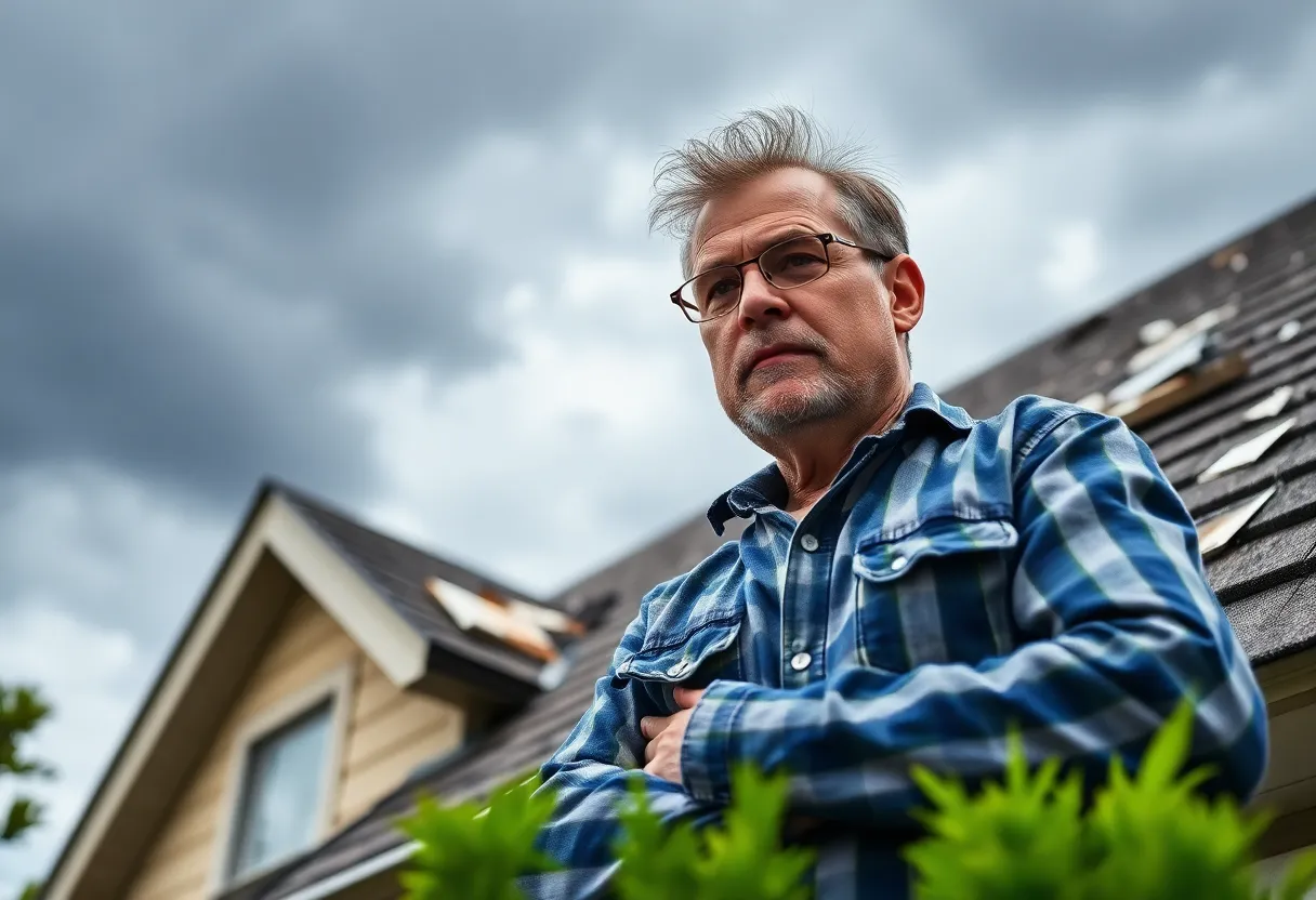 Homeowner inspecting roof for damage before severe weather