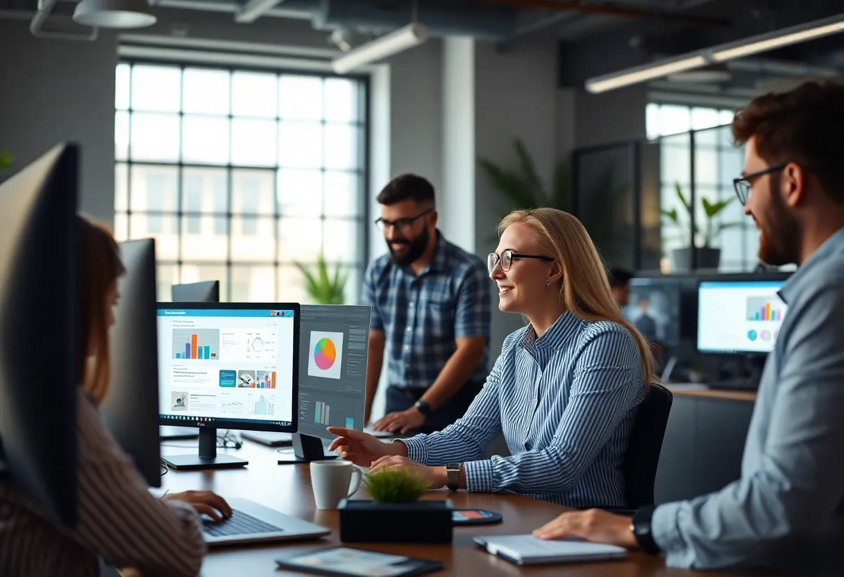 A team collaborating on digital marketing automation strategies in a modern office.