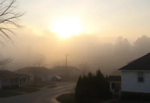 A foggy morning scene in Greenwood, SC with neighborhoods