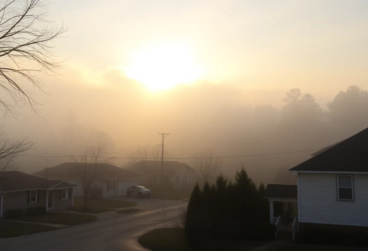 A foggy morning scene in Greenwood, SC with neighborhoods
