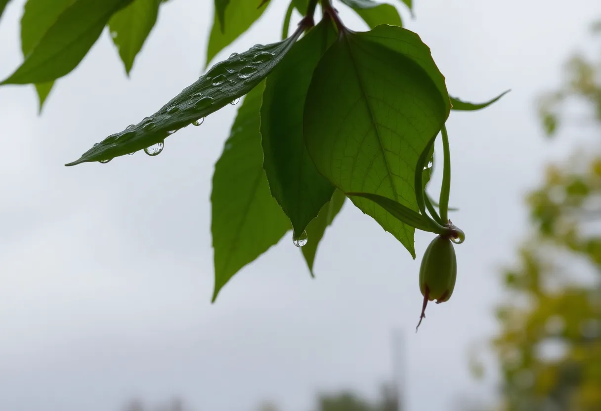 Rainy day scene in Greenwood, South Carolina with greenery.