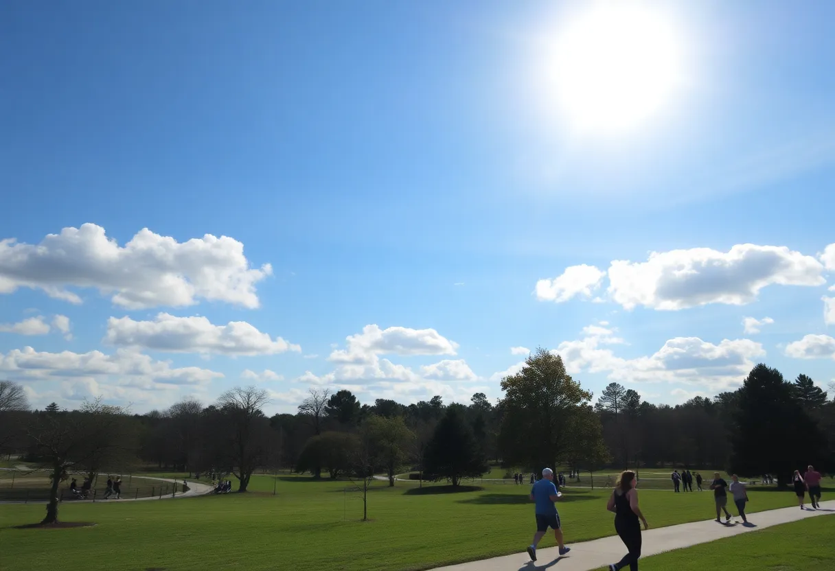View of Greenwood, SC with a partly sunny sky and people enjoying outdoor activities.