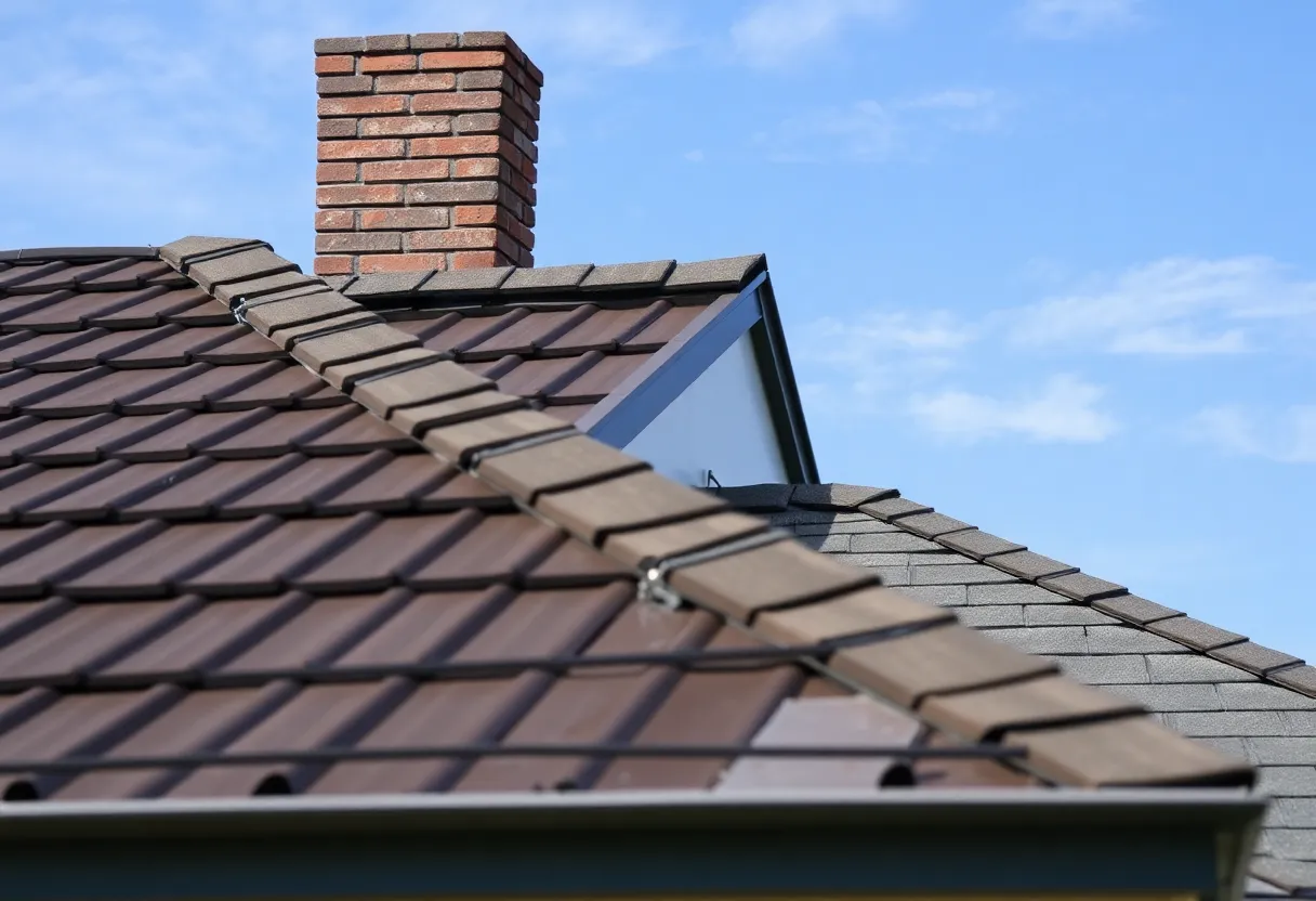 A reinforced roof under clear skies highlighting various roofing materials.