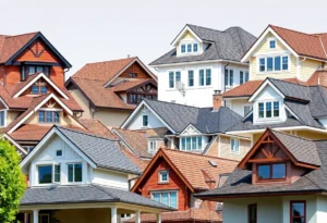 Collage of various roof styles including gable, hip, flat, mansard, and A-frame roofs.
