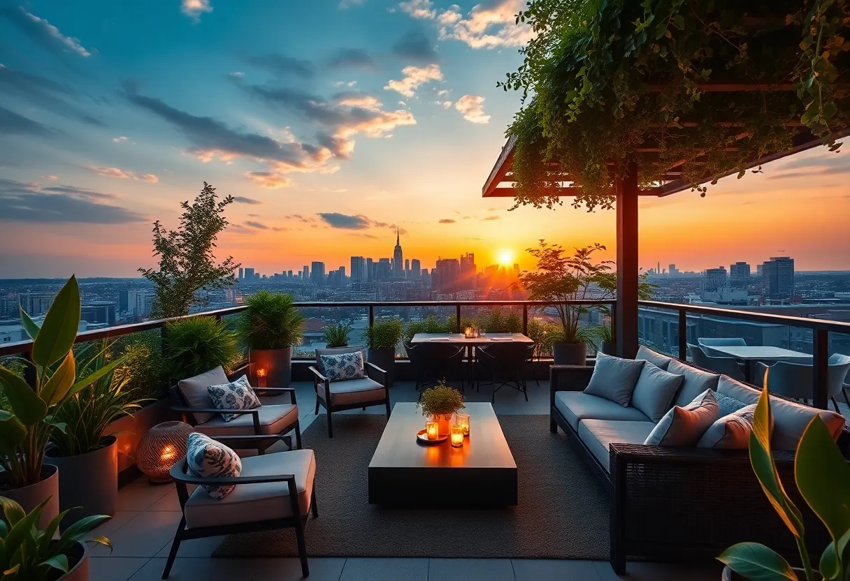 Stylish rooftop living space with furniture and greenery