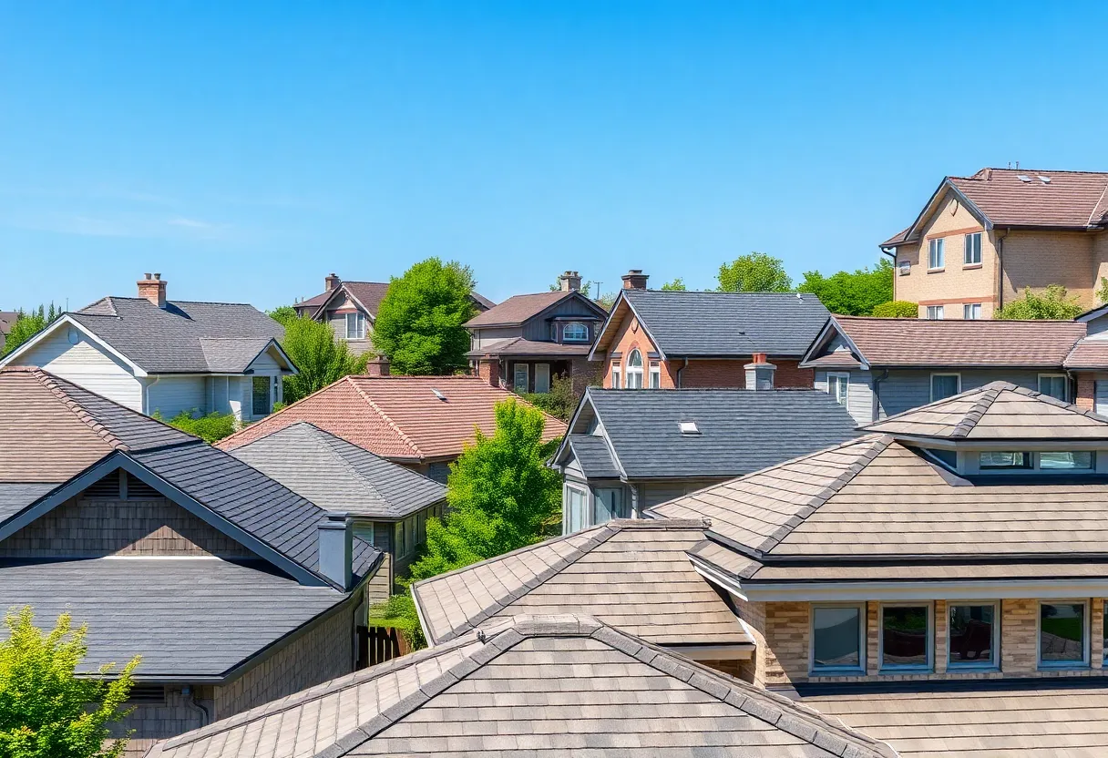 A residential area displaying different roofing styles like gable, hip, and flat roofs.