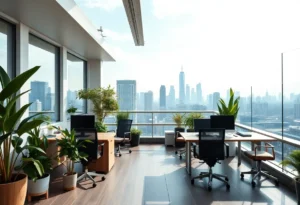 A stylish rooftop office with large windows and modern furniture