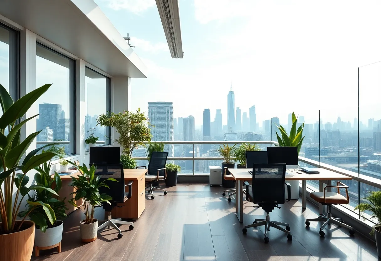 A stylish rooftop office with large windows and modern furniture