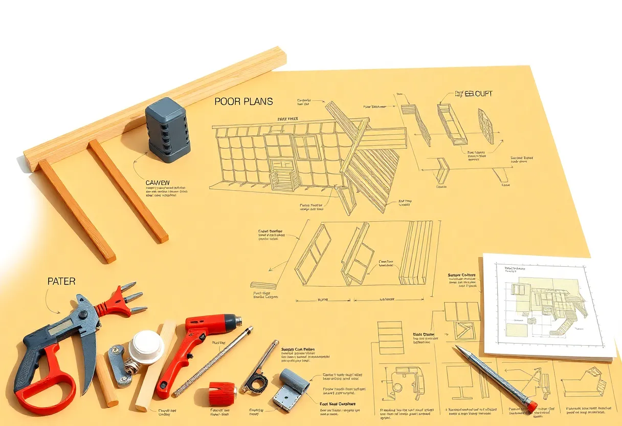 Illustration of a DIY roof plan showing tools and materials needed.