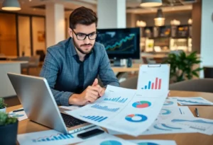 A marketer analyzing trend data on a laptop in a contemporary office.