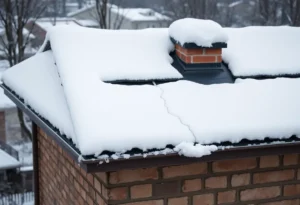 A roof covered with heavy snow, showing signs of strain.